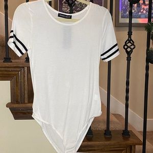 White bodysuit with black striped jersey sleeves